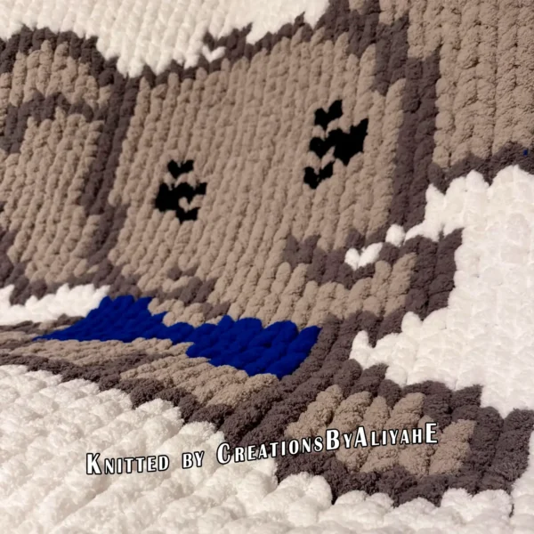Elephant Finger Blanket knitting pattern by HitsKnits - kawaii-style graphghan in white, grey, and blue jumbo yarn