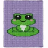Cute frog chunky knit blanket with pixel art frog design on a lavender background. Finger knitting and jumbo yarn pattern suitable for nursery décor, kids’ blankets, cozy room accents, and handmade gifts.