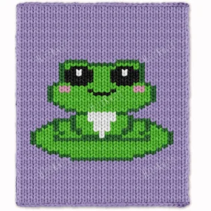 Cute frog chunky knit blanket with pixel art frog design on a lavender background. Finger knitting and jumbo yarn pattern suitable for nursery décor, kids’ blankets, cozy room accents, and handmade gifts.