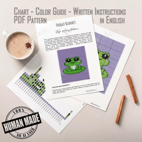 Cute frog chunky knit blanket with pixel art frog design on a lavender background. Finger knitting and jumbo yarn pattern suitable for nursery décor, kids’ blankets, cozy room accents, and handmade gifts.
