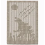 Minimalist knitted blanket featuring a giant Godzilla silhouette towering over a modern city skyline beneath a full moon and lightning bolts. The blanket is worked in a single neutral color with textured garter stitch motifs on a smooth stockinette background, framed by a wide garter stitch border. Perfect for monster movie fans, kids’ rooms, gaming spaces, and cozy modern interiors.
