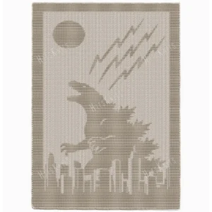 Minimalist knitted blanket featuring a giant Godzilla silhouette towering over a modern city skyline beneath a full moon and lightning bolts. The blanket is worked in a single neutral color with textured garter stitch motifs on a smooth stockinette background, framed by a wide garter stitch border. Perfect for monster movie fans, kids’ rooms, gaming spaces, and cozy modern interiors.