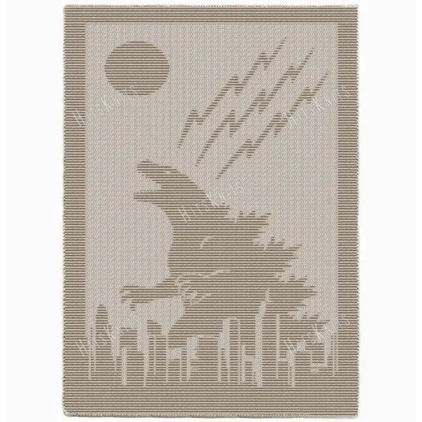 Minimalist knitted blanket featuring a giant Godzilla silhouette towering over a modern city skyline beneath a full moon and lightning bolts. The blanket is worked in a single neutral color with textured garter stitch motifs on a smooth stockinette background, framed by a wide garter stitch border. Perfect for monster movie fans, kids’ rooms, gaming spaces, and cozy modern interiors.