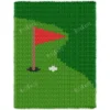 Golf-themed chunky knit blanket pattern featuring a green putting course with a red golf flag, golf hole, and white golf ball. The design is worked in chunky chenille-style stitches with bold shades of green, creating a soft and cozy sporty blanket perfect for golf lovers, boys’ rooms, game rooms, man caves, and handmade gifts.