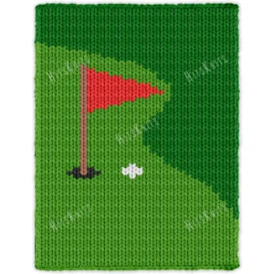 Golf-themed chunky knit blanket pattern featuring a green putting course with a red golf flag, golf hole, and white golf ball. The design is worked in chunky chenille-style stitches with bold shades of green, creating a soft and cozy sporty blanket perfect for golf lovers, boys’ rooms, game rooms, man caves, and handmade gifts.