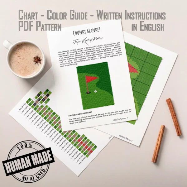 Golf-themed chunky knit blanket pattern featuring a green putting course with a red golf flag, golf hole, and white golf ball. The design is worked in chunky chenille-style stitches with bold shades of green, creating a soft and cozy sporty blanket perfect for golf lovers, boys’ rooms, game rooms, man caves, and handmade gifts.