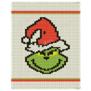 Grinch Face Finger Blanket knitting pattern by HitsKnits - holiday graphghan in ivory, green, red and black jumbo yarn