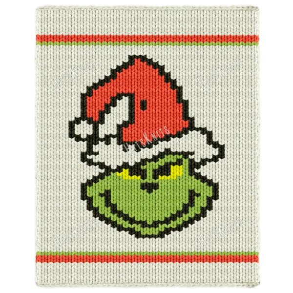 Grinch Face Finger Blanket knitting pattern by HitsKnits - holiday graphghan in ivory, green, red and black jumbo yarn