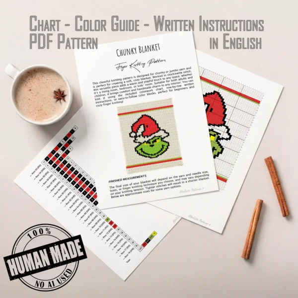 Grinch Face Finger Blanket knitting pattern by HitsKnits - holiday graphghan in ivory, green, red and black jumbo yarn