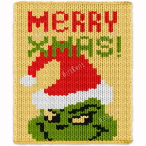 Grinch Xmas chunky knit blanket pattern featuring the Grinch in a red Santa hat with Merry Xmas lettering, set against a cream background, knitted in jumbo yarn using finger knitting colorwork technique.