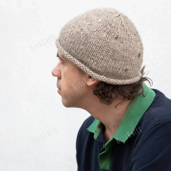Rolled Brim Beanie knitting pattern by HitsKnits - men's stockinette wool hat with natural rolled brim in Lanoso Filzy Wool