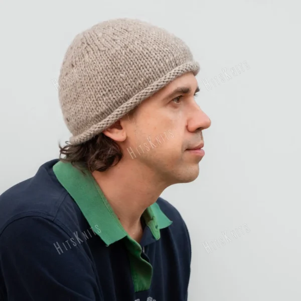Rolled Brim Beanie knitting pattern by HitsKnits - men's stockinette wool hat with natural rolled brim in Lanoso Filzy Wool