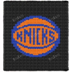 Black chunky knit blanket featuring the iconic New York Knicks basketball logo in bright orange and blue, created in a bold pixel-style design with jumbo chenille yarn and textured finger-knitted stitches.