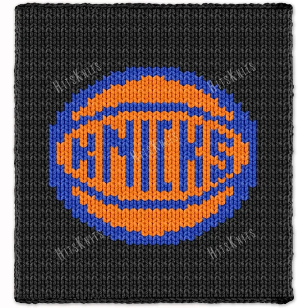 Black chunky knit blanket featuring the iconic New York Knicks basketball logo in bright orange and blue, created in a bold pixel-style design with jumbo chenille yarn and textured finger-knitted stitches.