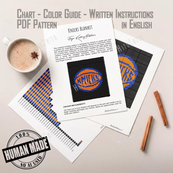 Black chunky knit blanket featuring the iconic New York Knicks basketball logo in bright orange and blue, created in a bold pixel-style design with jumbo chenille yarn and textured finger-knitted stitches.
