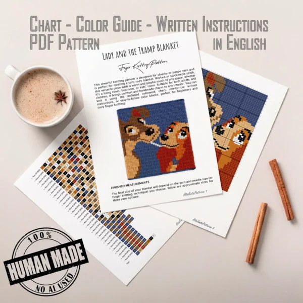 Chunky knitted blanket featuring Lady and the Tramp in a close-up face-to-face pose on a navy blue background. The design shows the two classic cartoon dogs with expressive eyes, floppy ears, soft beige and brown fur, and playful smiles in colorful pixel-style stitches. Cozy romantic graphghan blanket