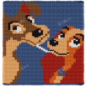Chunky knitted blanket featuring Lady and the Tramp in a close-up face-to-face pose on a navy blue background. The design shows the two classic cartoon dogs with expressive eyes, floppy ears, soft beige and brown fur, and playful smiles in colorful pixel-style stitches. Cozy romantic graphghan blanket