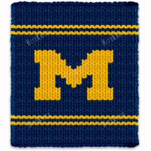 Michigan varsity style chunky knit blanket featuring a bold yellow letter M on a deep blue background with sporty stripe accents, handmade with plush jumbo chenille yarn in a cozy finger knitting graphghan design.