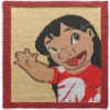 Hand-knitted Lilo character square panel with a maroon garter stitch border on a cream background. The design features Lilo from Disney’s Lilo & Stitch winking and smiling while wearing her signature red dress with white leaf print. Colorwork knitting design created using cream, black, maroon, coral, cherry, pink, powder, white, and brown shades.
