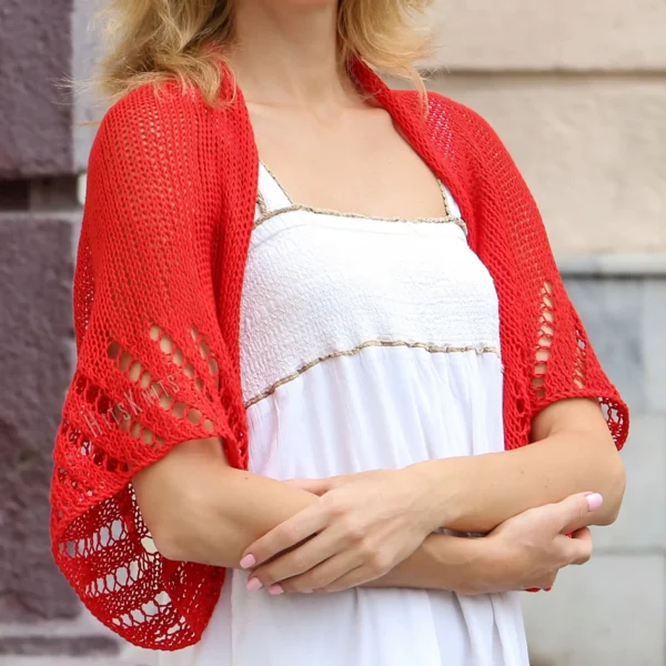 Mesh Lace Bolero knitting pattern by HitsKnits - geometric openwork summer shrug in sport weight cotton yarn