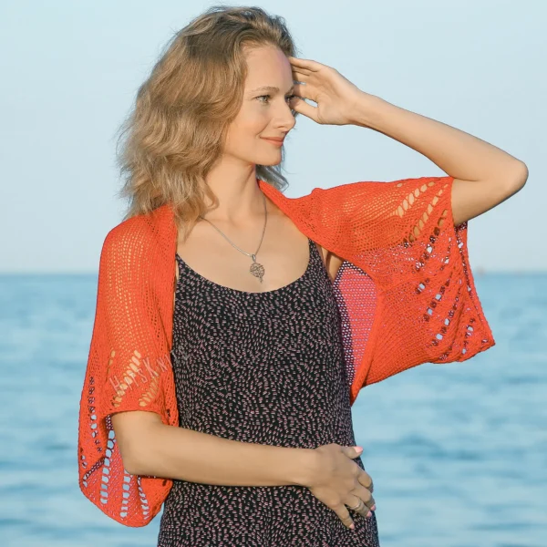 Mesh Lace Bolero knitting pattern by HitsKnits - geometric openwork summer shrug in sport weight cotton yarn