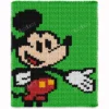 Mickey Mouse finger knitting blanket pattern made with chunky chenille yarn, featuring Disney’s classic Mickey Mouse character with red shorts and white gloves on a bright green background, cozy handmade jumbo yarn blanket design for kids and Disney fans.