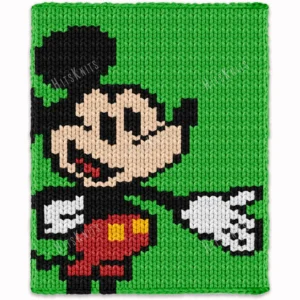 Mickey Mouse finger knitting blanket pattern made with chunky chenille yarn, featuring Disney’s classic Mickey Mouse character with red shorts and white gloves on a bright green background, cozy handmade jumbo yarn blanket design for kids and Disney fans.
