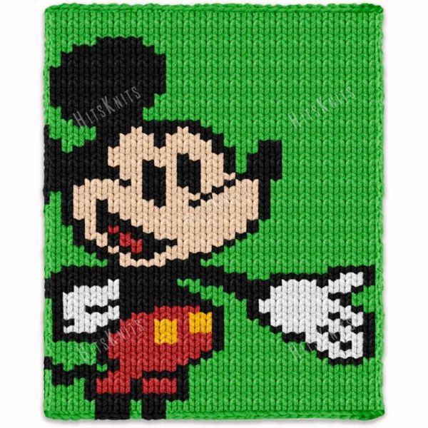 Mickey Mouse finger knitting blanket pattern made with chunky chenille yarn, featuring Disney’s classic Mickey Mouse character with red shorts and white gloves on a bright green background, cozy handmade jumbo yarn blanket design for kids and Disney fans.