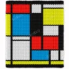 Modern Mondrian-inspired knitted blanket with bold black grid lines and colorful geometric blocks in red, blue, yellow, and white. Chunky chenille-style stitches create a cozy abstract graphghan design with a minimalist contemporary art aesthetic.