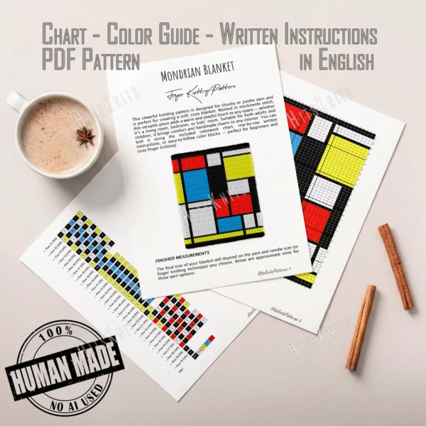 Modern Mondrian-inspired knitted blanket with bold black grid lines and colorful geometric blocks in red, blue, yellow, and white. Chunky chenille-style stitches create a cozy abstract graphghan design with a minimalist contemporary art aesthetic.