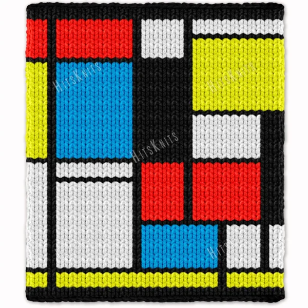 Modern Mondrian-inspired knitted blanket with bold black grid lines and colorful geometric blocks in red, blue, yellow, and white. Chunky chenille-style stitches create a cozy abstract graphghan design with a minimalist contemporary art aesthetic.