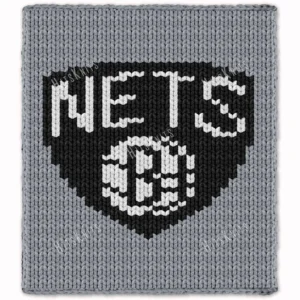 Chunky knitted blanket featuring the Brooklyn Nets basketball logo in black and white on a gray background. Cozy chenille-style graphghan design with bold sporty lettering and a basketball shield emblem inspired by professional basketball team décor.