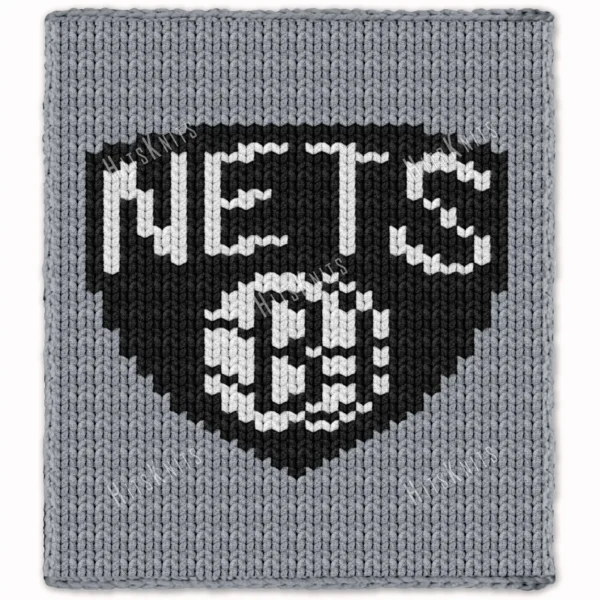 Chunky knitted blanket featuring the Brooklyn Nets basketball logo in black and white on a gray background. Cozy chenille-style graphghan design with bold sporty lettering and a basketball shield emblem inspired by professional basketball team décor.