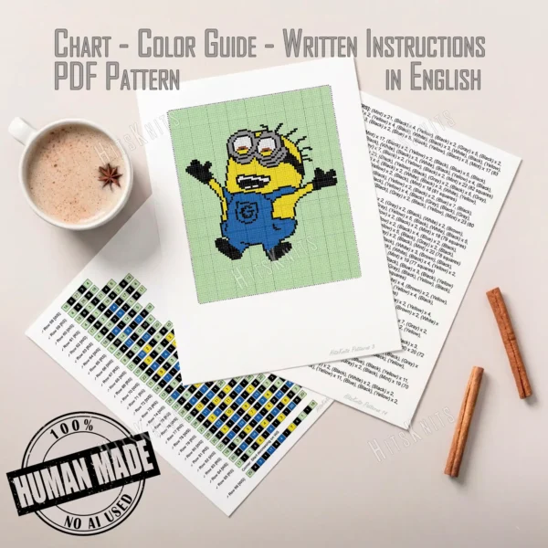 A playful corner-to-corner crochet blanket featuring a cheerful Minion character with raised arms, dressed in bright blue overalls with black gloves and shoes. The design is worked on a soft mint green background, making the bold yellow, blue, black, white, and gray details stand out beautifully.