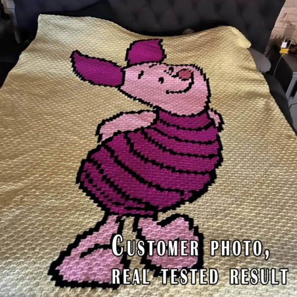 Piglet C2C crochet blanket pattern featuring Winnie the Pooh Piglet character on a pastel yellow background, handmade graphghan blanket design in pixel crochet style.