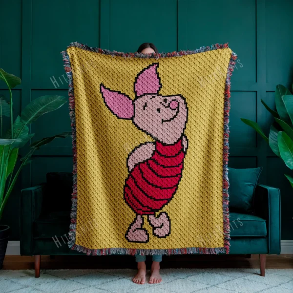 Piglet C2C crochet blanket pattern featuring Winnie the Pooh Piglet character on a pastel yellow background, handmade graphghan blanket design in pixel crochet style.