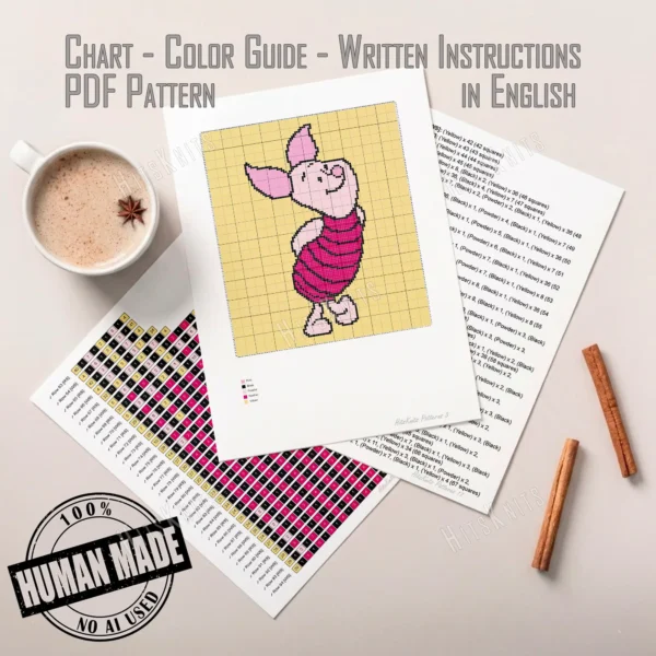 Piglet C2C crochet blanket pattern featuring Winnie the Pooh Piglet character on a pastel yellow background, handmade graphghan blanket design in pixel crochet style.