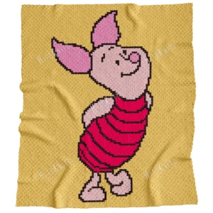 Piglet C2C crochet blanket pattern featuring Winnie the Pooh Piglet character on a pastel yellow background, handmade graphghan blanket design in pixel crochet style.