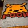 Winnie the Pooh chunky blanket knitting pattern with a cute Pooh bear face and “Pooh” lettering on a gray background, worked in stockinette stitch using chunky or jumbo yarn. Cozy cartoon-inspired blanket design for nurseries, children’s rooms, and handmade gifts.