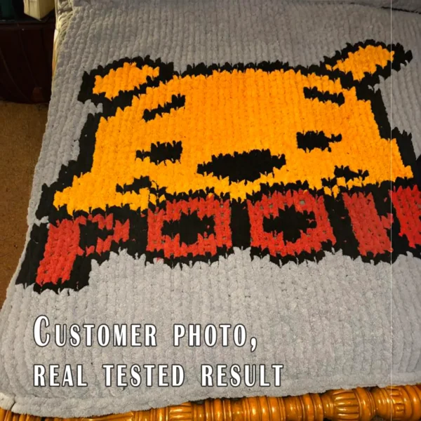 Winnie the Pooh chunky blanket knitting pattern with a cute Pooh bear face and “Pooh” lettering on a gray background, worked in stockinette stitch using chunky or jumbo yarn. Cozy cartoon-inspired blanket design for nurseries, children’s rooms, and handmade gifts.