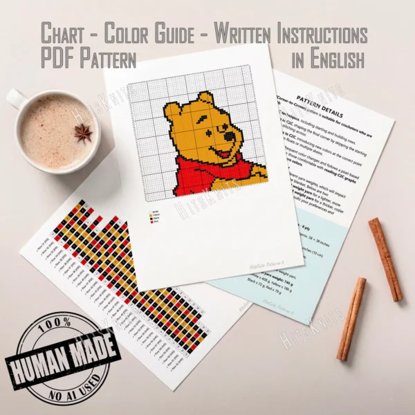 Pixel-style Winnie the Pooh C2C crochet blanket in soft plush yarn, featuring Pooh Bear wearing a red shirt on a light gray background. Handmade graphghan blanket with cartoon-inspired design and cozy textured stitches.