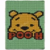 Winnie the Pooh chunky blanket knitting pattern with a cute Pooh bear face and “Pooh” lettering on a mint green background, worked in stockinette stitch using chunky or jumbo yarn. Cozy cartoon-inspired blanket design for nurseries, children’s rooms, and handmade gifts.