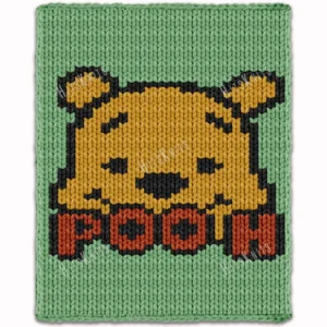 Winnie the Pooh chunky blanket knitting pattern with a cute Pooh bear face and “Pooh” lettering on a mint green background, worked in stockinette stitch using chunky or jumbo yarn. Cozy cartoon-inspired blanket design for nurseries, children’s rooms, and handmade gifts.