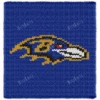 Ravens Blanket Finger Knitting Pattern featuring the Baltimore Ravens bird logo in gold and black on navy blue background, knitted in jumbo yarn using finger knitting colorwork technique.