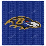 Ravens Blanket Finger Knitting Pattern featuring the Baltimore Ravens bird logo in gold and black on navy blue background, knitted in jumbo yarn using finger knitting colorwork technique.