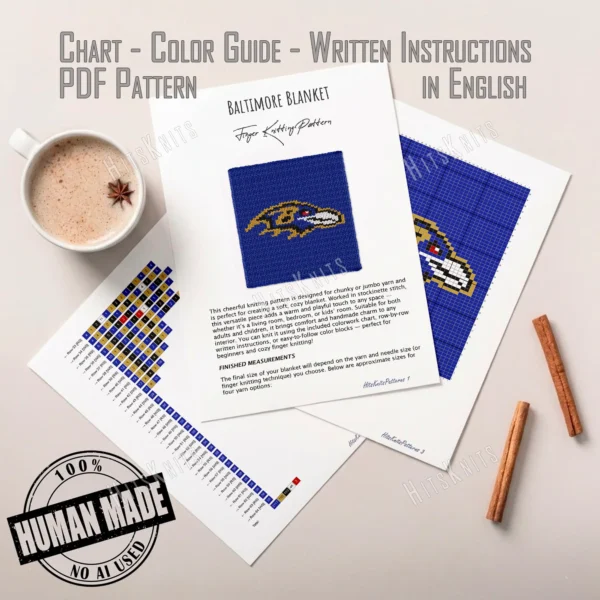 Ravens Blanket Finger Knitting Pattern featuring the Baltimore Ravens bird logo in gold and black on navy blue background, knitted in jumbo yarn using finger knitting colorwork technique.