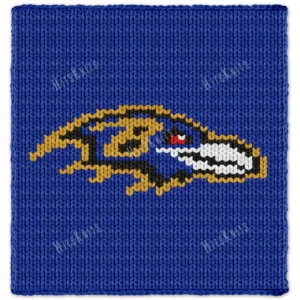 Ravens Blanket Finger Knitting Pattern featuring the Baltimore Ravens bird logo in gold and black on navy blue background, knitted in jumbo yarn using finger knitting colorwork technique.