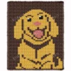 Retriever Chunky Blanket Knitting Pattern featuring a cute floppy-eared puppy with a playful smile and pink tongue. Cozy pet lover throw design created for bulky jumbo size 7 chenille yarn, perfect for kids’ rooms, nurseries, puppy-themed décor, handmade gifts, and soft cozy afghans for dog lovers.