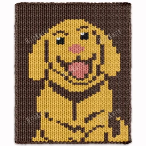 Retriever Chunky Blanket Knitting Pattern featuring a cute floppy-eared puppy with a playful smile and pink tongue. Cozy pet lover throw design created for bulky jumbo size 7 chenille yarn, perfect for kids’ rooms, nurseries, puppy-themed décor, handmade gifts, and soft cozy afghans for dog lovers.