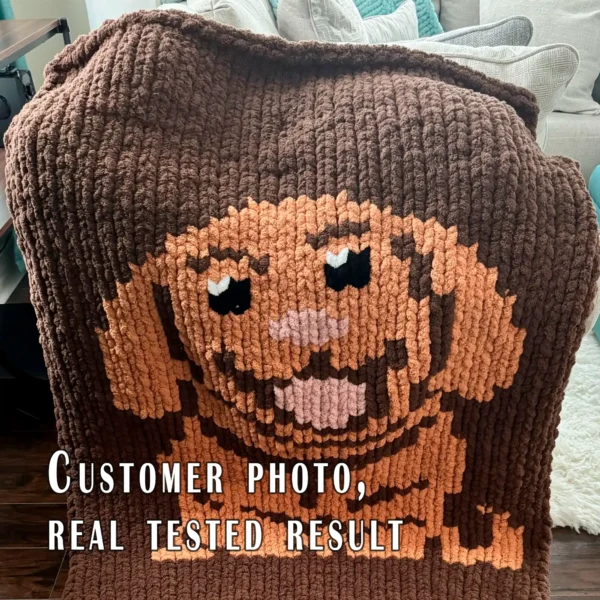 Retriever Chunky Blanket Knitting Pattern featuring a cute floppy-eared puppy with a playful smile and pink tongue. Cozy pet lover throw design created for bulky jumbo size 7 chenille yarn, perfect for kids’ rooms, nurseries, puppy-themed décor, handmade gifts, and soft cozy afghans for dog lovers.